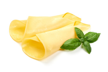 Traditional Dutch Gouda cheese slices, close-up, isolated on white background