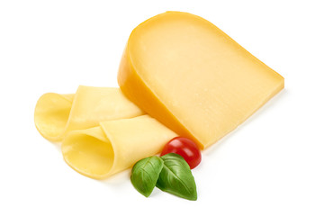 Traditional Dutch Gouda cheese, close-up, isolated on white background