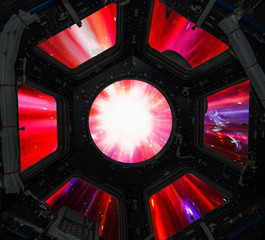 Hyper jump in in window of spaceship. Elements of this image furnished by NASA.