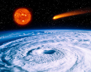 Earth, burning sun and flying comet. The elements of this image furnished by NASA.