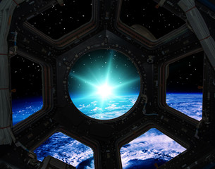 Sunrise, view from spaceship. Elements of this image furnished by NASA.