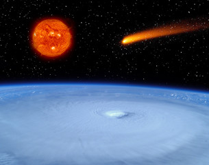 Earth, burning sun and flying comet. The elements of this image furnished by NASA.