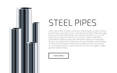 Steel or Aluminum pipes of different diameters isolated on white background. Industrial web Presentation Template. Glossy 3d Steel Tubes design. Vector illustration.