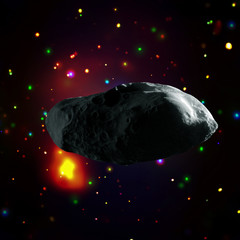 Asteroid flying in the deep space. Galaxies and stars. Elements of this image furnished by NASA.