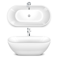 A set of Bathtub in the shape of a bowl. Top and side view. Mixers of water taps. Realistic style Isolated on white background. Vector illustration.