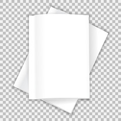 The layout of the two white soft-cover books one on top of the other lie on the table. Soft shadows. Ready to insert text or image. Isolated on a transparent background. Vector illustration.