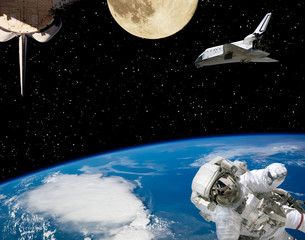 Astronaut, spaceships and moon. Earth on the backdrop. The elements of this image furnished by NASA.