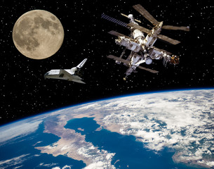Shuttle goes from earth to moon. The elements of this image furnished by NASA.