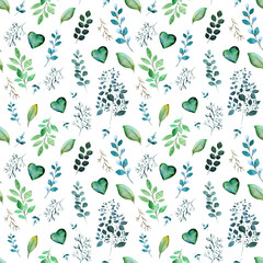 Green watercolor seamless pattern with twigs and leaves