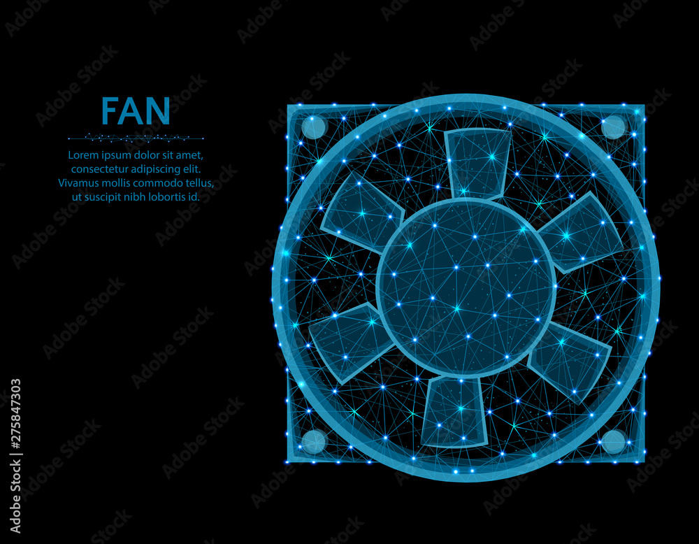 Wall mural fan low poly graphic model, polygonal electronic equipment, cooling system wire frame vector illustr