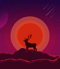 Obraz na płótnie Canvas Landscape with sunset, planet and starry sky. Nature landscape in shades violet, purple with silhouette of a deer and mountains. vector eps10