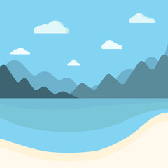 Simple blue sea, mountains and sand beach summer background. Absrtact seacoast backdrop for banner, invitation, poster or web site design. Flat cartoon style vector illustration.