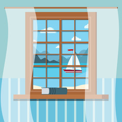 Wooden room window frame with book and curtains in cartoon flat style. Window scene with a summer view of sea, sailboat, clouds, mountains, summer or spring landscape. Vector background illustration.