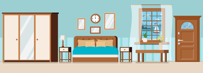 Hotel room with furniture, door, window view of sea landscape with sailboat. Wardrobe with mirror, bed, nightstand, coffe table, watch, alarm, lamp, vase, plant. Flat style cartoon vector illustration