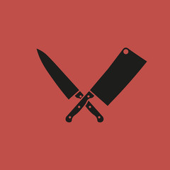 Crossed butcher knifes icon. Red background. Vector.
