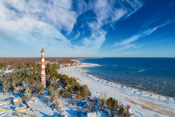 Saint-Petersburg. Russia. Lighthouse on lake Ladoga. Osinovetsky lighthouse the view from the drone. Old lighthouse on the Ladoga coast. Landscapes of Ladoga. Leningrad region. Travel to Russia.