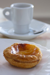 Pastel de Nata (PASTEIS DE NATA) - the traditional famous popular Portuguese pastries. A puff pastry basket with butter cream is the national dessert and pride of Portugal. Portuguese sweetness