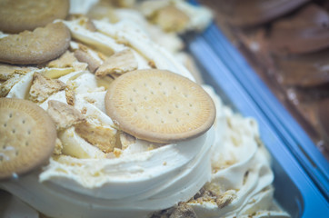 artisanal italian ice-cream - mix of ice-cream  flavours with fresh fruits, biscuits, cookies, macaroons