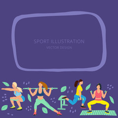 Border with girls in sports clothes and flowers. Workout, training hand drawn flat illustration set. It can be used in advertising, web design, graphic design.