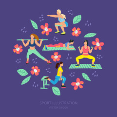 Circular illustration with girls in sports clothes and flowers. Workout, training hand drawn flat illustration set. Healthy lifestyle vector color drawing pack.
