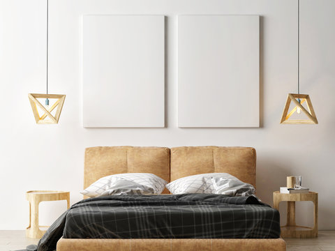 Two mock up posters above comfortable bed, 3d render, 3d illustration 