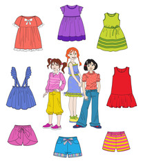 Trendy  fashionable summer dresses and shorts  for girls . Hand drawn  cute and fashion girls.