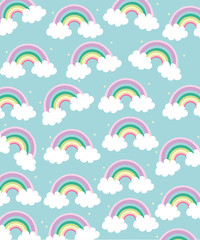 bright beautiful children`s background with a rainbow in the clouds and asterisks on a blued background