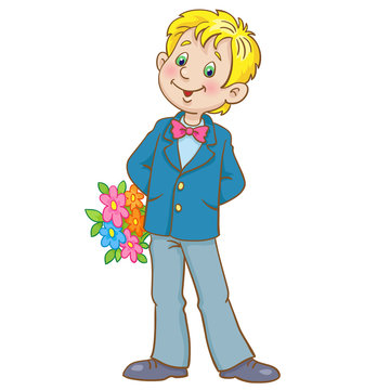 Cute boy standing with a bouquet behind his back.  In cartoon style. Isolated on white background. Vector illustration.