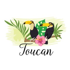Couple of toucans sitting on the branch in the jungle. Vector illustration