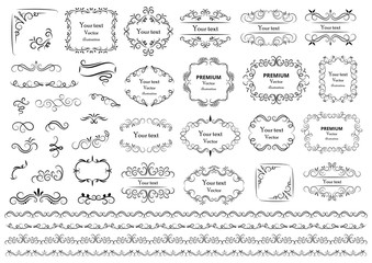 Calligraphic design elements . Decorative swirls or scrolls, vintage frames , flourishes, labels and dividers. Retro vector illustration. - obrazy, fototapety, plakaty