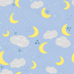 Moon Clouds Stars vector seamless pattern