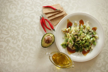 . three red pappers, half an avocado and olive oil.