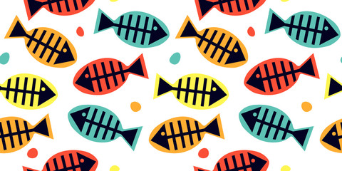 Seamless pattern with multicolored silhouette of fish bones on white background. Cute cartoon print with sea life.