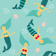Seamless pattern with swimming mermaid. Fantasy fairy character.