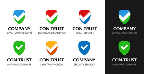 Shield for Antivirus, Legal protection and Law services. Set of vector Logo illustrations on black and white isolated.