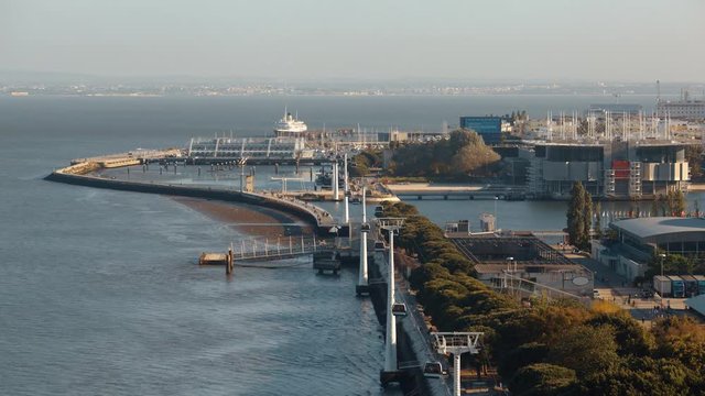 Timelapse shot of city waterfront. View to the cable car traffic and quay with vessels