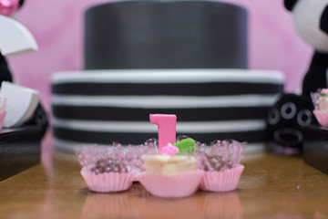 Close up de docinhos de festa infantil feminina com o tema do Panda.