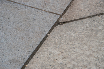 Several cracks between blocks of concrete sidewalk. Some are perpendicular and one goes off on an angle