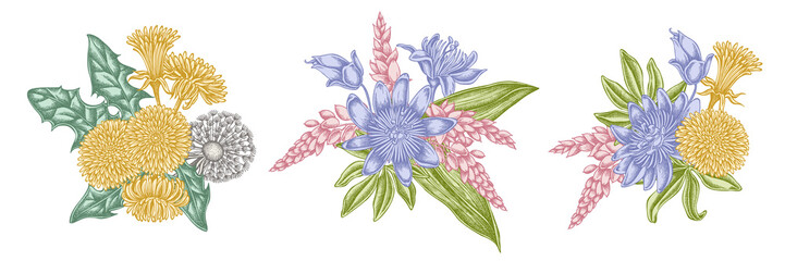 Obraz premium Flower bouquet of pastel dandelion, ginger, passion flower