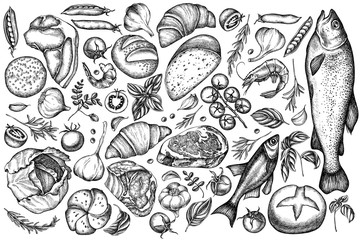 Vector set of hand drawn black and white garlic, cherry tomatoes, peas, fish, shrimp, cabbage, beef, buns and bread, croissants and bread, basil, rosemary