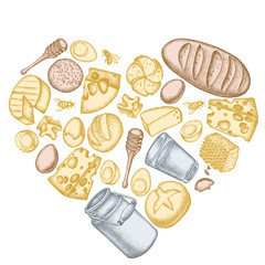 Heart floral design with pastel milk, cheese, chicken, eggs, buns and bread, honey