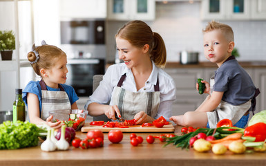 mother with children preparing vegetable salad  .