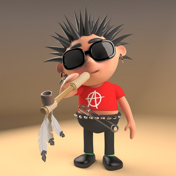 Cool punk rocker smoking a Native American Indian peace pipe, 3d illustration