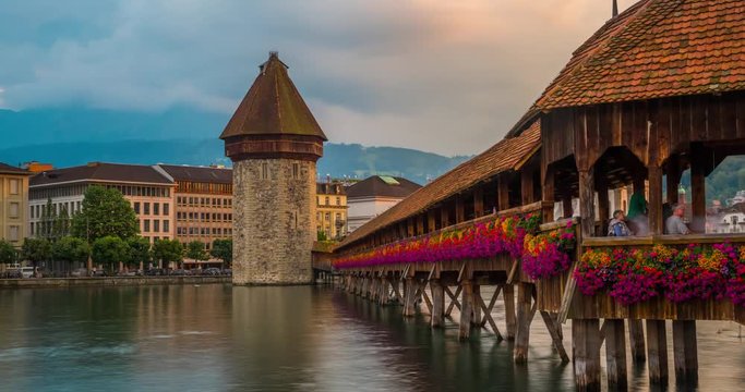 Evening view of The Chapel Bridge in the city of Lucerne in central Switzerland