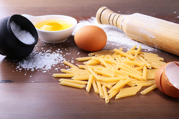 egg, flour, salt, ingredients for pasta penne bolognese