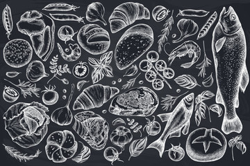 Vector set of hand drawn chalk garlic, cherry tomatoes, peas, fish, shrimp, cabbage, beef, buns and bread, croissants and bread, basil, rosemary - obrazy, fototapety, plakaty