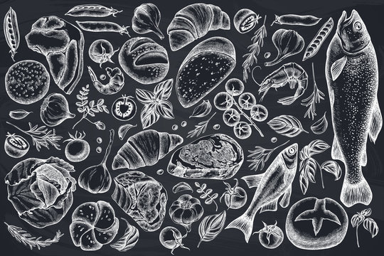 Vector set of hand drawn chalk garlic, cherry tomatoes, peas, fish, shrimp, cabbage, beef, buns and bread, croissants and bread, basil, rosemary