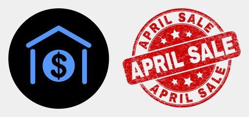 Rounded dollar garage bank icon and April Sale seal stamp. Red rounded grunge seal with April Sale text. Blue dollar garage bank icon on black circle.
