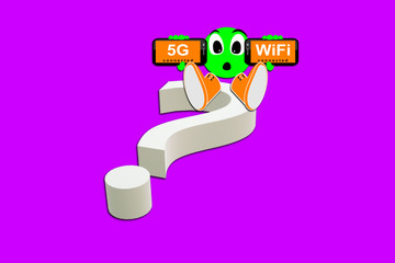 Illustration, 5G and wifi. emoticon above question mark. Speed of the massive connectivity of the device and new protocols in development. Telecommunications New Generation Network Connectivity.
