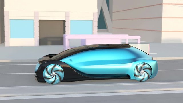 Self driving sedan driving fast and passed autonomous bus. Ride sharing concept. 3D rendering animation.